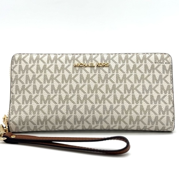 Michael Kors Large Continental Wallet Wristlet Vanilla/Brown - Picture 1 of 9